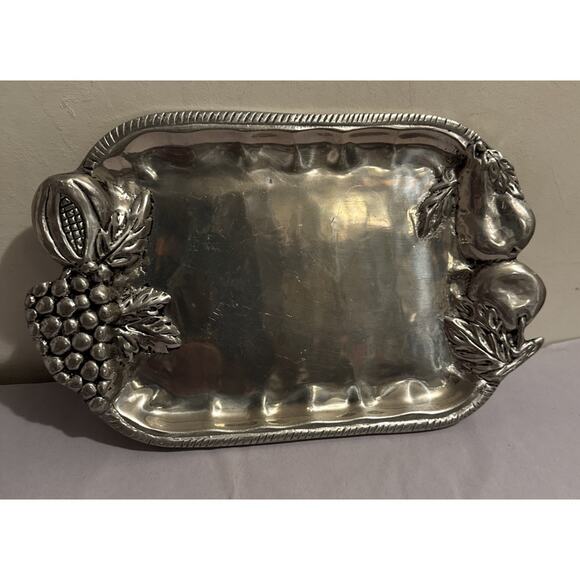 BETTY BARRENA ORNATE FRUITED PEWTER SERVING TRAY MEXICO GRAPES PEARS - Picture 1 of 7